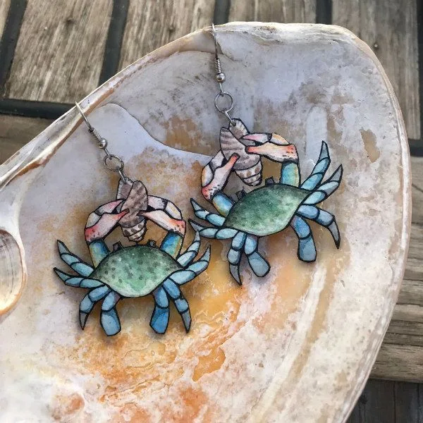 pair of blue crab watercolor paper earrings