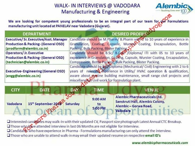 Alembic pharmaceuticals | Walk-In for Enng & Mfg. | 15th September 2018 | Vadodara