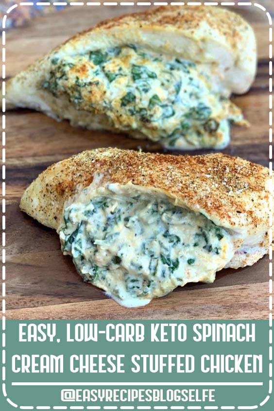 Easy, Low-Carb Keto Spinach Cream Cheese Stuffed Chicken is a quick and healthy dinner recipe loaded with boneless, dinner skinless chicken breasts, cheddar, and mozzarella. You can use fresh or frozen spinach. This dish has only 1 net carb per serving making it perfect for ketosis and the keto diet! Looking for a little extra pizzaz? Add bacon! #EasyRecipesBlogSelfe #KetoRecipes #KetoStuffedChicken #CreamCheeseStuffedChicken #easyrecipesdinner #healthy