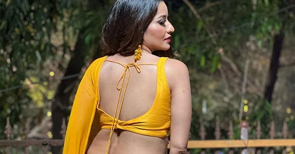 monalisa yellow saree backless blouse hot curvy actress