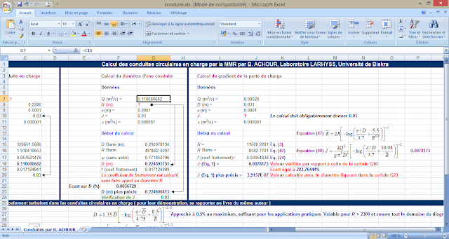 EXCEL - Calcul des conduites circulaires en charge par la MMR par B. ACHOUR, Laboratoire LARHYSS, Université de Biskra