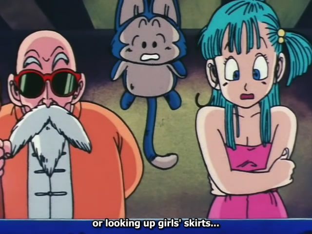 Bulma is not happy with Kuririn showing her boobs to Roshi