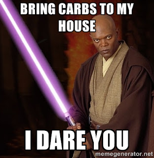 Star Wars Mace Windu says "bring carbs to my house, I dare you".