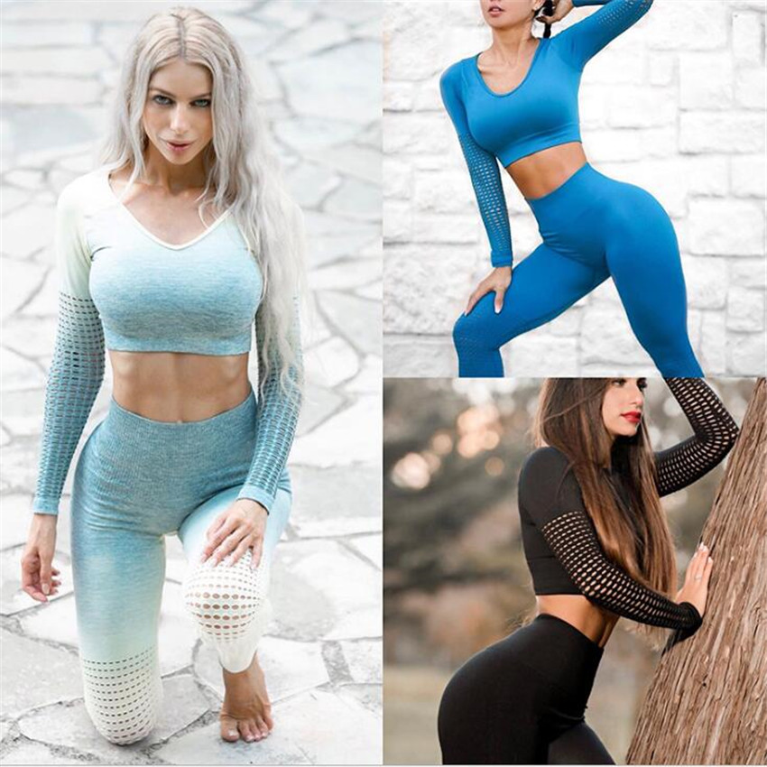 Women's Sportswear Yoga Set Workout Clothes Athletic Wear Sports Gym Legging Seamless Fitness Bra Crop Top Long Sleeve Yoga Suit