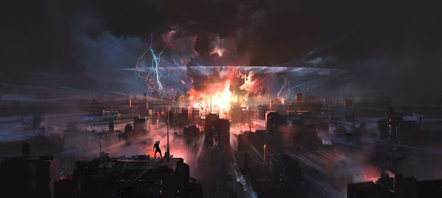 The moment the city was hit by a nuclear bomb, digital painting.