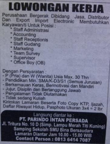 Lowongan Kerja PT Parindo Intan Persada  Pusat Iklan 