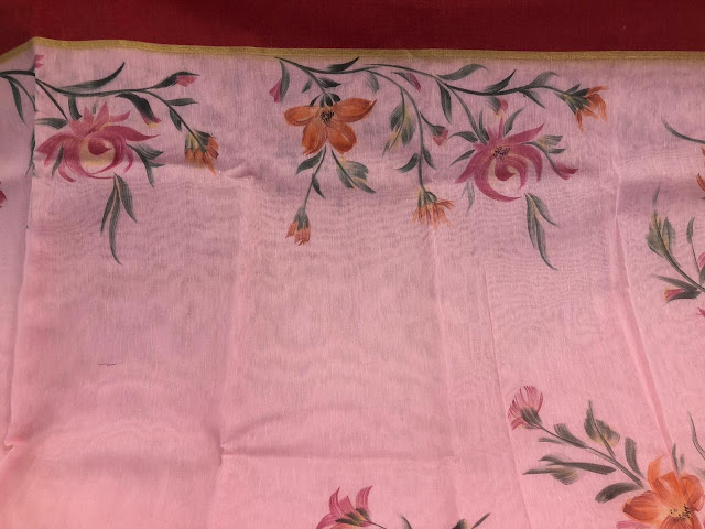 Handprinted Pink Chanderi saree