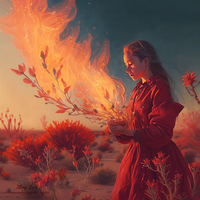A peaceful woman holding Ocotillo on fire
