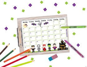 Oktober maandkalender, halloween kalender, kalender voor kinderen, kalender met pompoenen, kalender voor school, schoolkalender, aftelkalender, halloween aftelkalender, spookhuis kalender