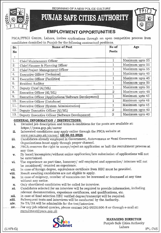 New Situations Vacant At Punjab Safe Cities Authority PSCA 2024
