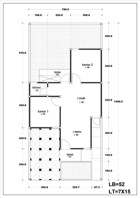 Denah rumah minimalis tipe 45 2 kamar tidur 1 lantai