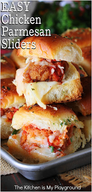 EASY Chicken Parmesan Sliders ~ Enjoy the classic flavors of Chicken Parmesan in fun party-sandwich form! Loaded with crispy chicken tenders, marinara, & lots of melty cheese, these beauties are also loaded with fabulous flavor. Super easy to make, too!  www.thekitchenismyplayground.com