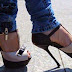 Black and white high heels with blue jeans