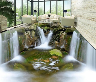 realistic living room in 3d with floor and 3d tiles and waterfall features and some cracks around the sky