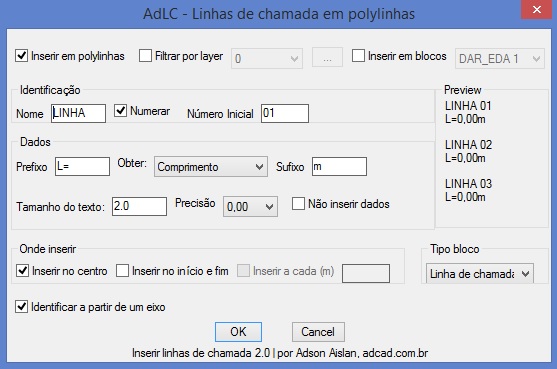 Caixa de diálogo do LISP Linhas de Chamada em polylinhas e blocos