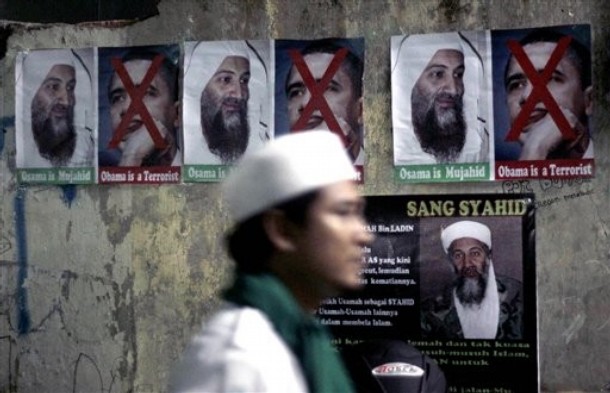 obama on new bin laden tape. posters of Osama Bin laden