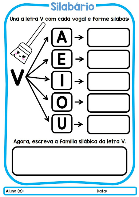 Família Silábica: VA VE VI VO VU: atividade de educação infantil alfabeto bastão, combine com vogais, escreva a silaba