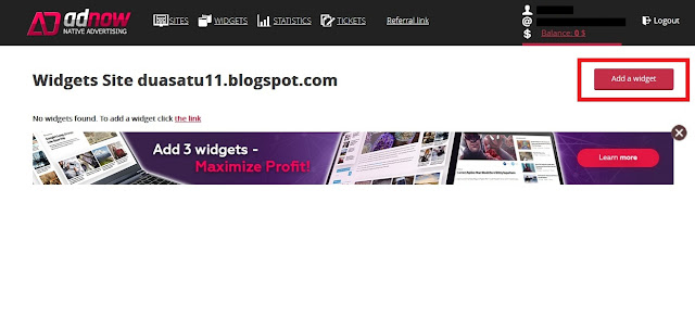 Setelah berhasil menambahkan blog/situs Sobat. Sobat kemudian klik Add a Widget. 