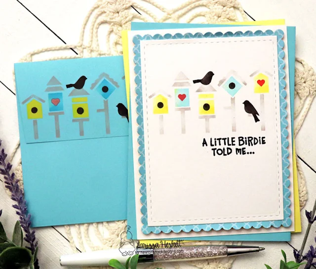 A Little Birdie told me..... Card and coordinating Envelope by Larissa Heskett for Newton's Nook Designs using Birdhouse Line Stencil, Frames and Flags Die Set and Spring Blooms Paper Pad