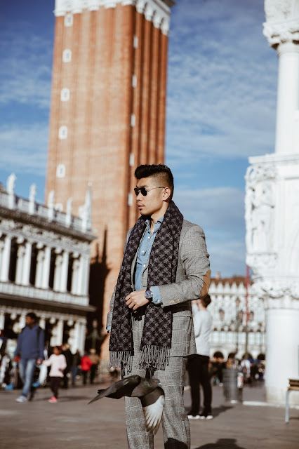 Leo Chan wearing Hart Schaffner Marx Suit on Vacation in Venice, Acne Scarf, Common Project Sneakers | Asian Male Model and Blogger