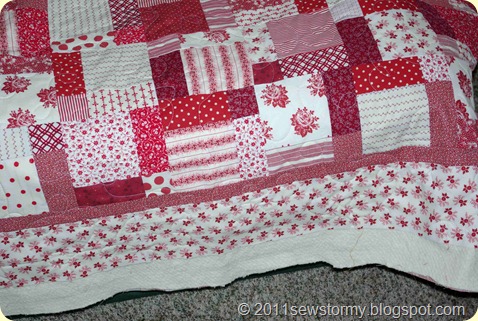 Red and white quilt without binding