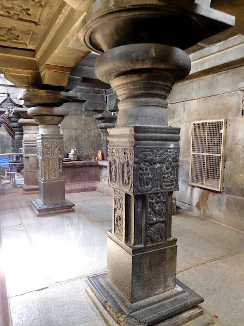 Precision carved granite pillars in the shrine room of the Bhoga Nandeeshwara Temple, Karnataka