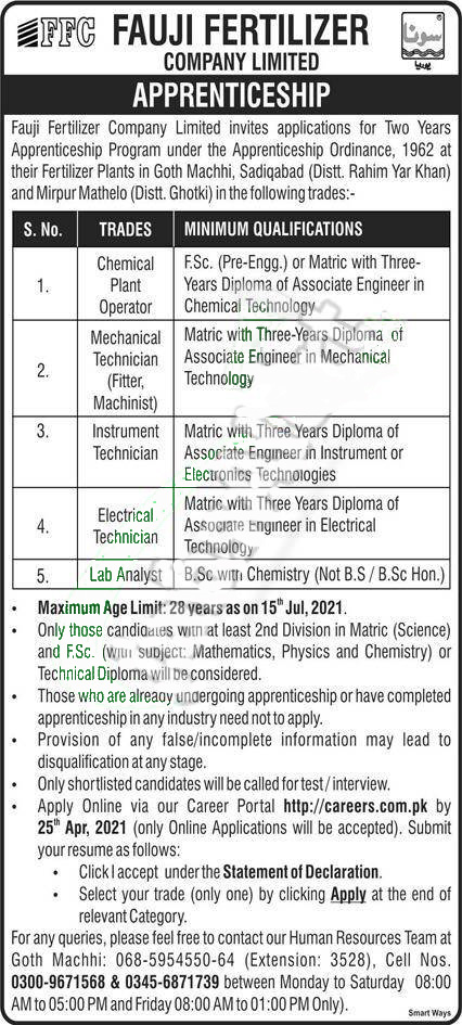 Latest job 2021 in Fauji Fertilizer Company Limited Apply online FFC Apprenticeship