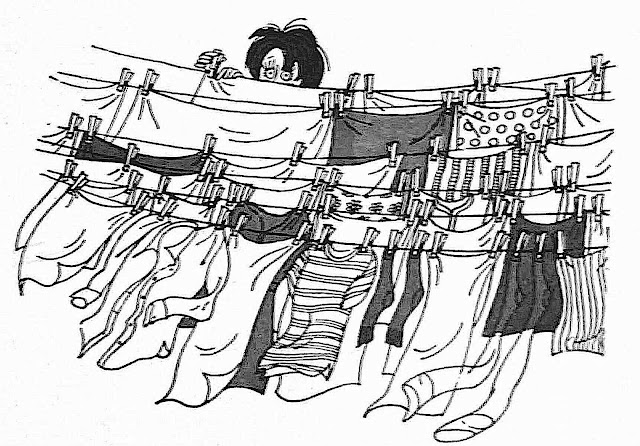 a 1966 cartoon illustration of a woman hanging laundry to dry