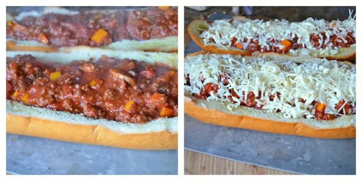 French Bread filled with Meat Sauce and and being topped with grated cheese.