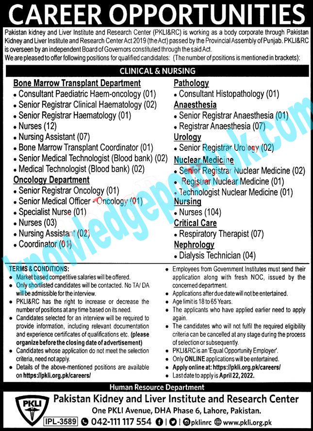 Pakistan Kidney And Liver Institute PKLI Jobs 2022 - 300+ Posts