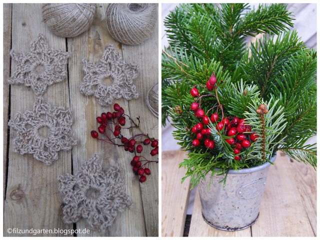 Rustikale Weihnachtsdeko mit gehäkelten Jutesternen