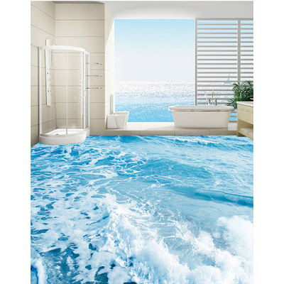 3D floor murals for bathrooms with waves of water all around and blue theme