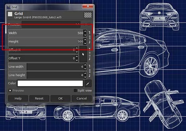 Use Filter>Render>Pattern>Grid to create the large grid pattern.