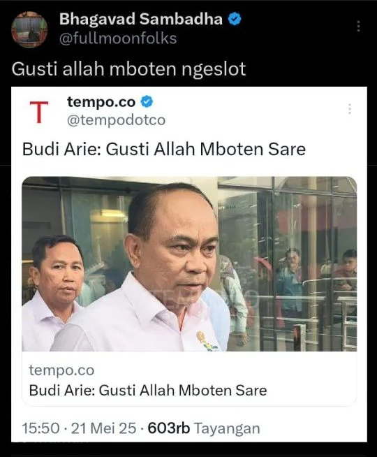 Mantan Menkominfo Budi Arie Setiadi irit bicara ketika pertanyaan mengarah pada persoala Gusti Allah mboten ngeslot