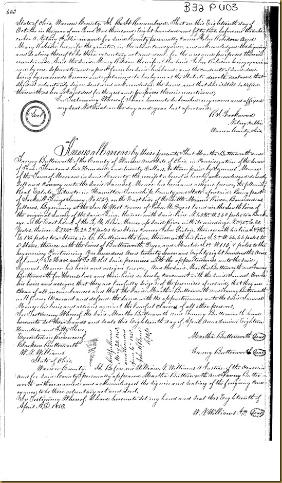 John Robison and Mary Robison of Warren Co, OH convey land to John Irwin 1852 1