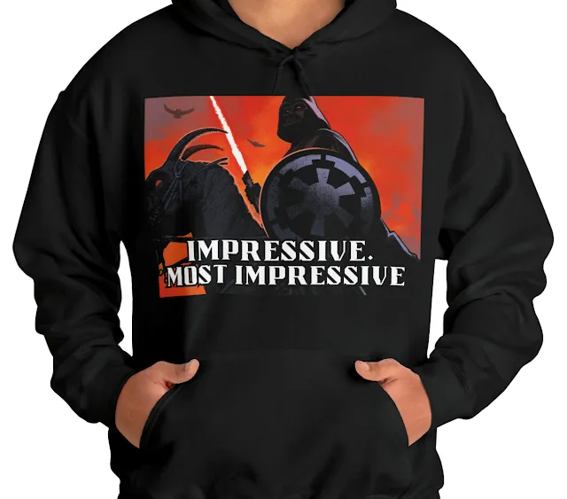 A Hoodie With Star Wars Darth Vader Holding a Blade Sitting on Dragon and Caption Most impressive