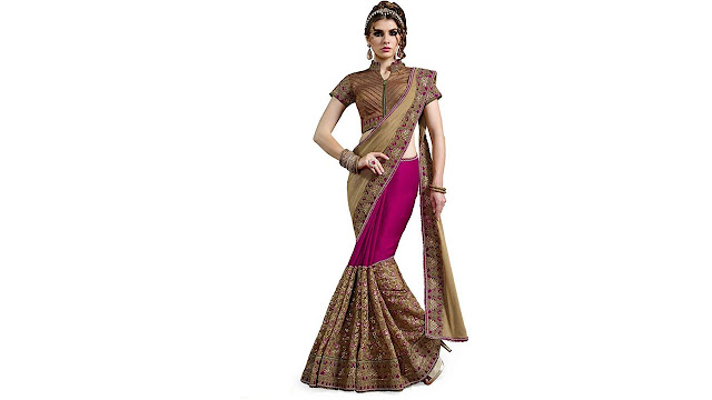 Mahotsav Embroidered Fashion Silk, Georgette, Net Saree  (Pink, Brown)