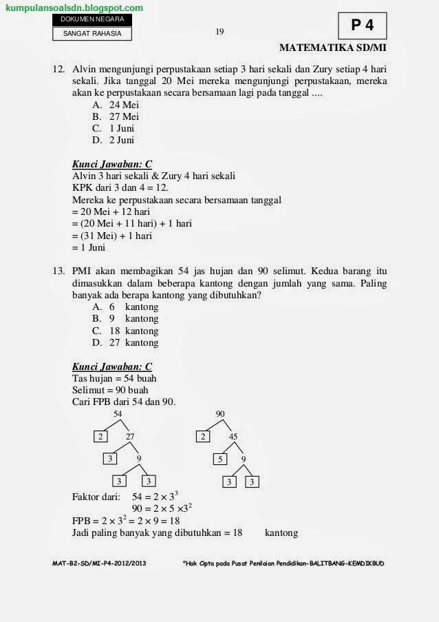 Pembahasan Soal Matematika UN+US+Try Out Kelas 6 VI SD Paket 4 TA 2012/2013 ~ Kumpulan Soal SD