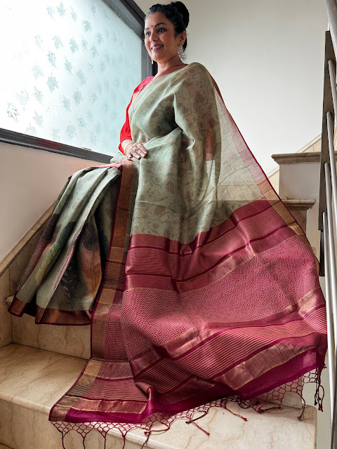 Elegance Redefined: Light Green and Red Digital Print Silk Chanderi Sarees with Hand-Done Tassels