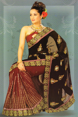 Black and Maroon Half n Half Embroidery saree