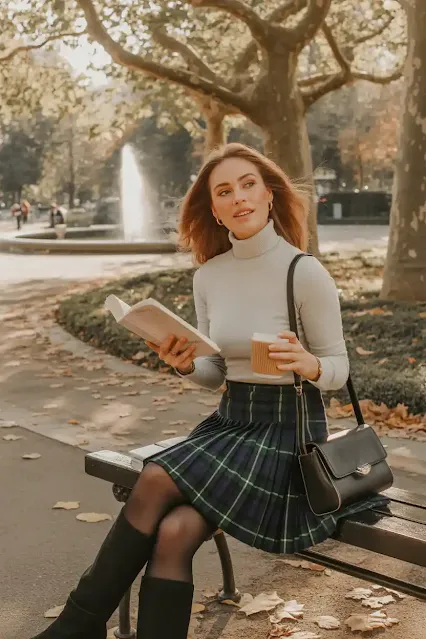 Plaid Mini Skirt + Turtleneck + Knee-High Boots