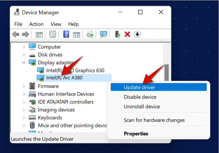 Right-click your Intel Arc Graphics card and then choose Update driver.