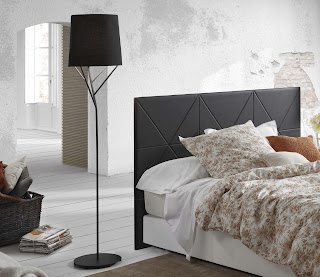 modern black floor lamp plus feminine floral bedspread or pillow feats black headboard ideas