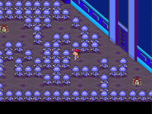 Ness weaves through a crowd of cultists in EarthBound.