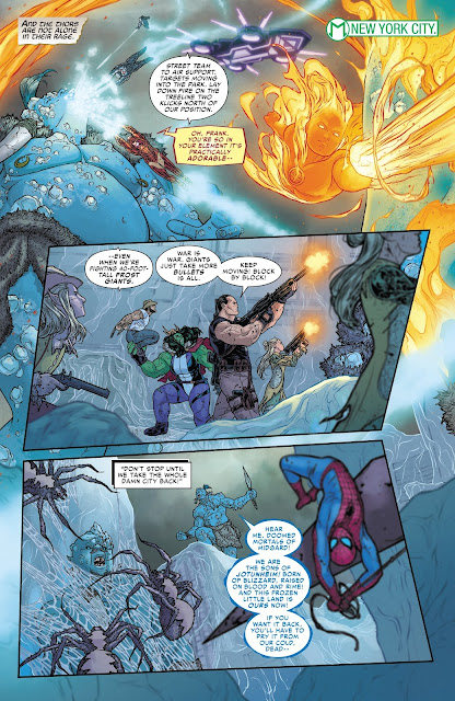 Ironman, Punisher, Spiderman, Wolverine, She-Hulk and other superheroes fighting the Frost Giants at New York in War of the Realms Issue #6 by Igor11 Comics.