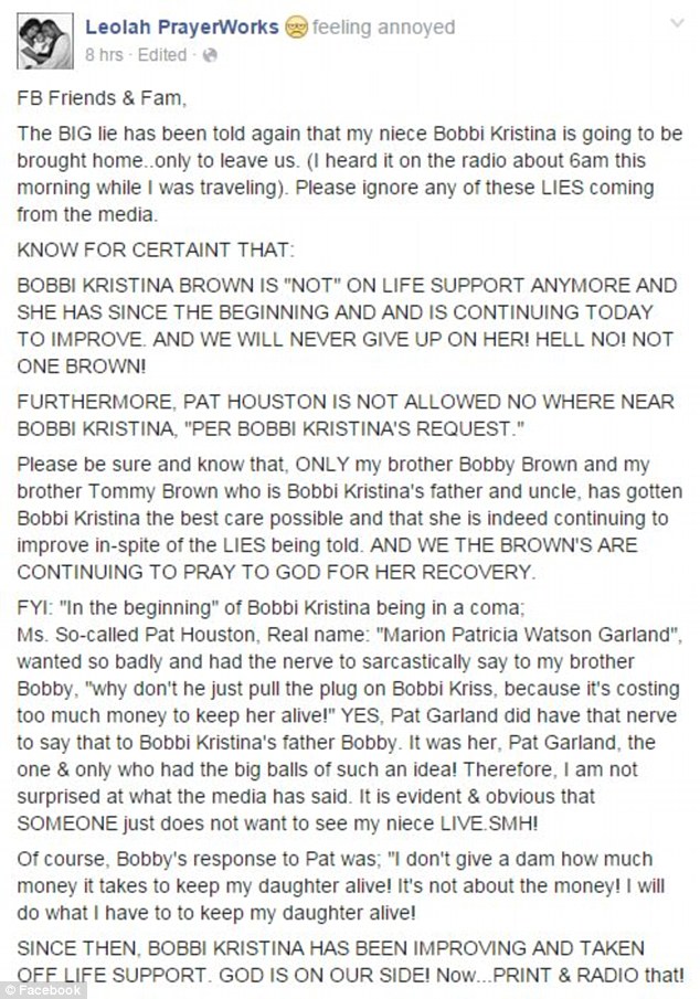 Bobbi Kristina Brown's Aunt Slams Reports that Bobbi is being Taken Home to Die