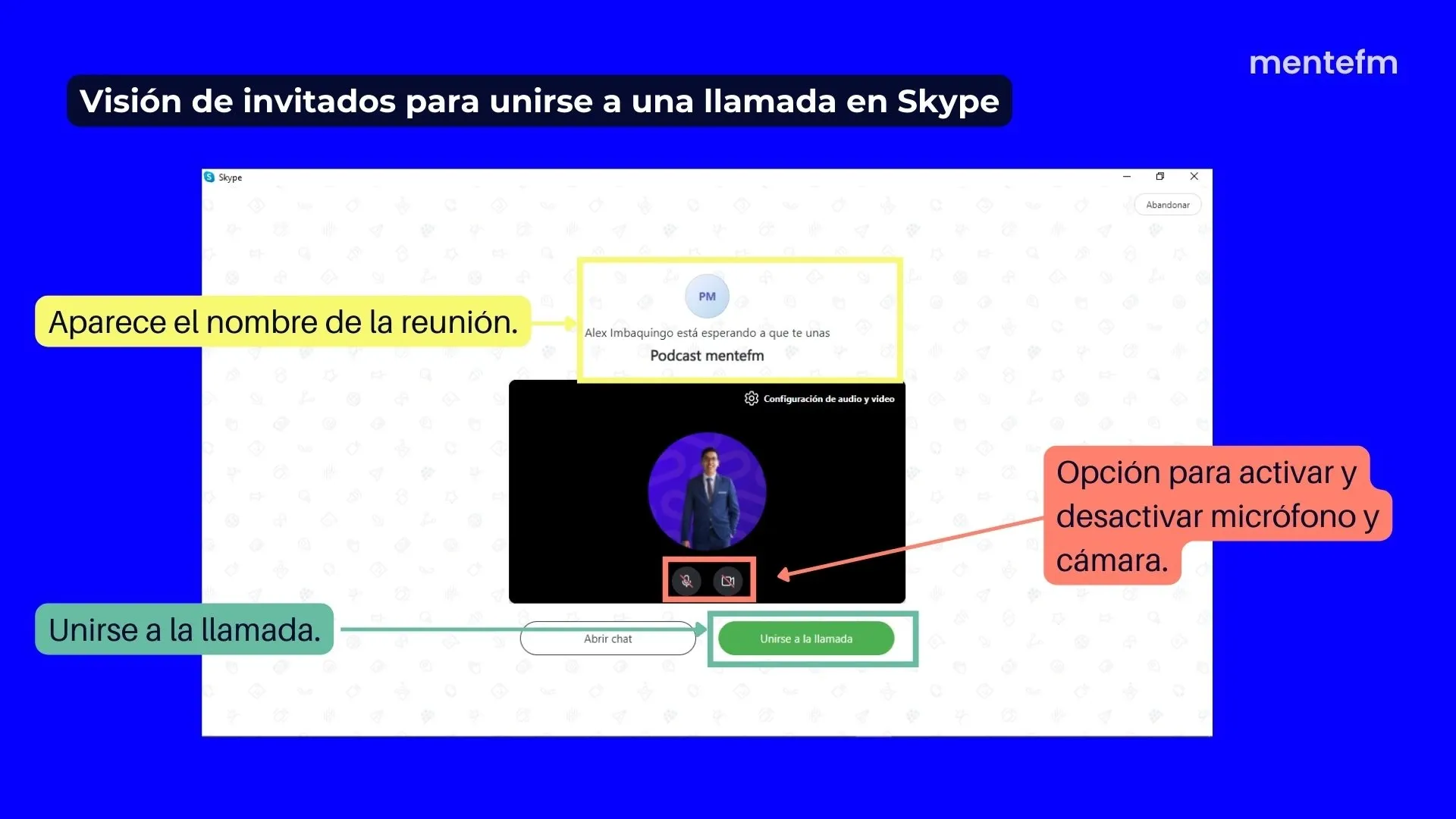 Ejemplo de visión de invitados para unirse en Skype