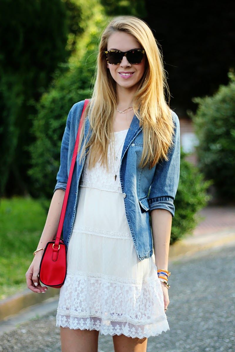 lace dress, denim jacket, cross-body bag, booties, summer outfit