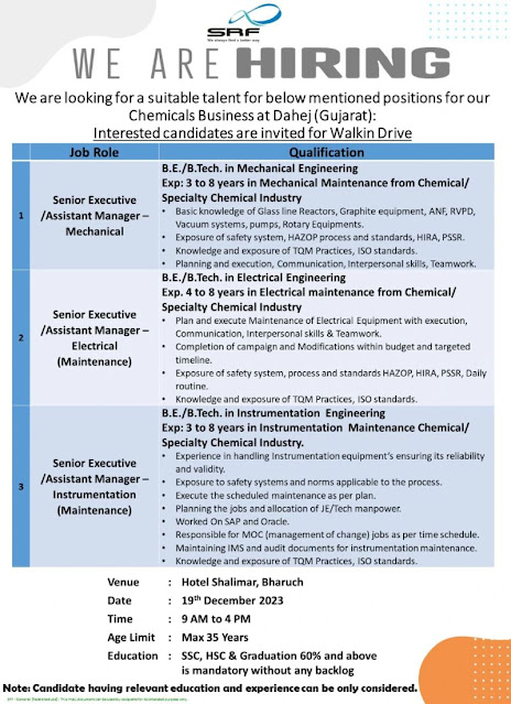 SRF Walk In Interview For Mechanical/ Electrical/ Instrumentation Department