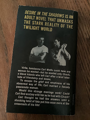 The back cover shows the same two men standing in different positions, with text that reads, DESIRE IN THE SHADOWS IS AN ADULT NOVEL THAT UNMASKS THE STARK REALITY OF THE TWILIGHT WORLD.   Virile, handsome Carl Wolfe could have any woman he wanted--but he wanted only Chuck, a blond Adonis who left Carl after a brief inter- lude of friendship and desire. To escape the grief and emptiness of his abnormal way of life, Carl married a fiercely passionate woman. Would this strange marriage work? Could Carl find ecstasy with her as he had with Chuck? Carl thought he had the answers until a shocking twist of fate put him once more at the crossroads of his life!